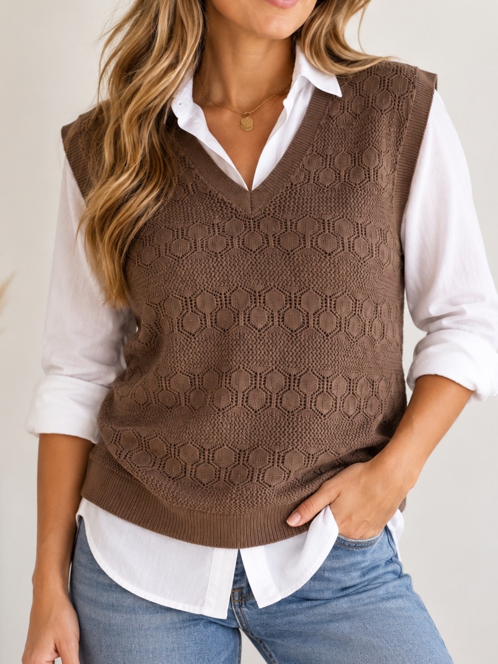 Splendid Brown Crochet Knit Sweater Vest 100% Cotton V-Neck NWOT Large L